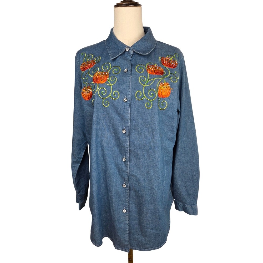 Quacker Factory Denim Shirt M Blue Fall Pumpkin Embroidered Rhinestone Button Up